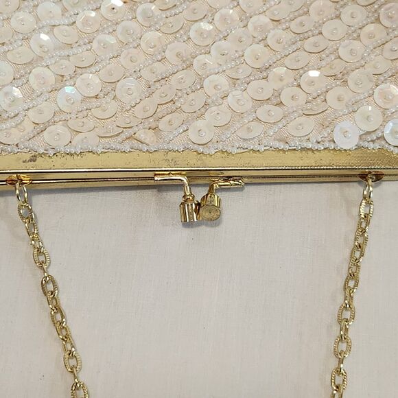 VTG Beaded Sequin Purse Ivory Evening Bag Gold Chain Strap Kisslock Handbag 6x5‎ - Picture 2 of 11